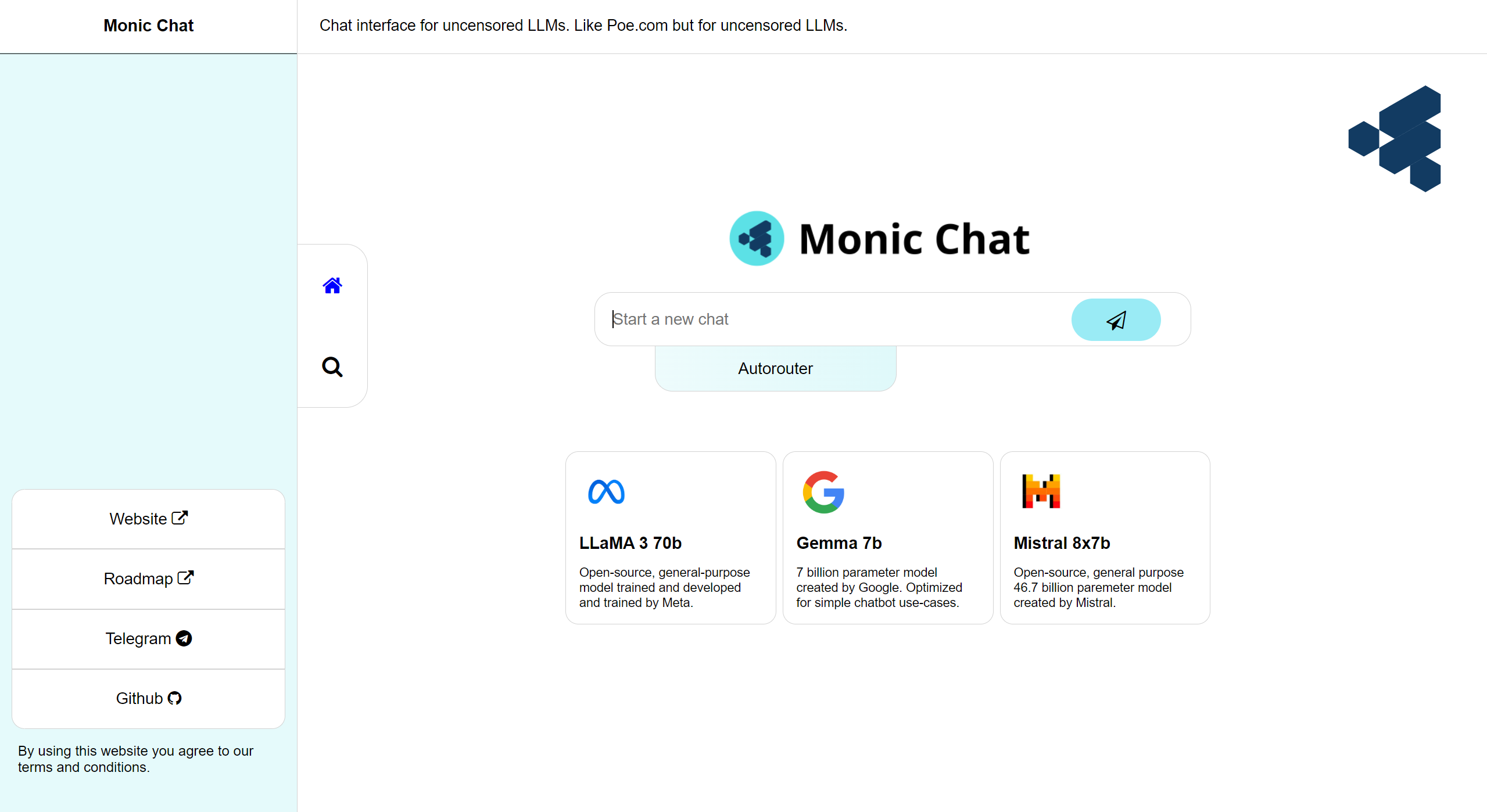 Monic.chat: Poe.com but for uncensored LLMs.